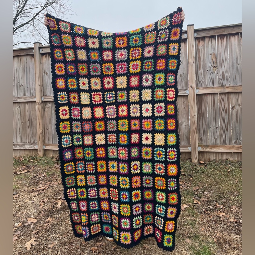 Handmade Colorful Granny Square Crochet Blanket with Black Border